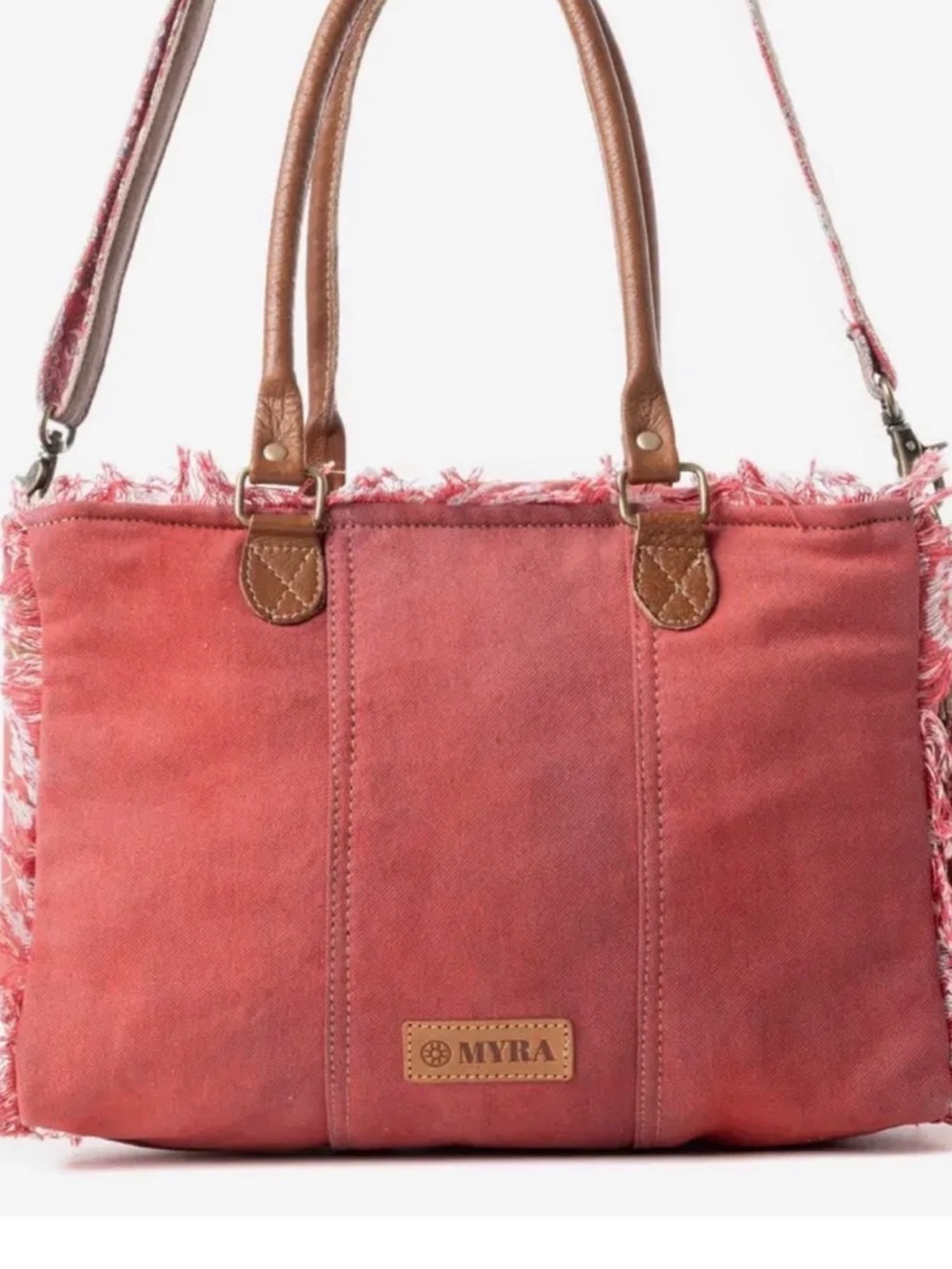 Myra Bag Rose Canvas Tote with Brown Handles and Frayed Trim - Picture 7 of 7
